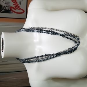 Vintage Faux Pearl Silver, Gunmetal,  Gray 3 Strand Necklace